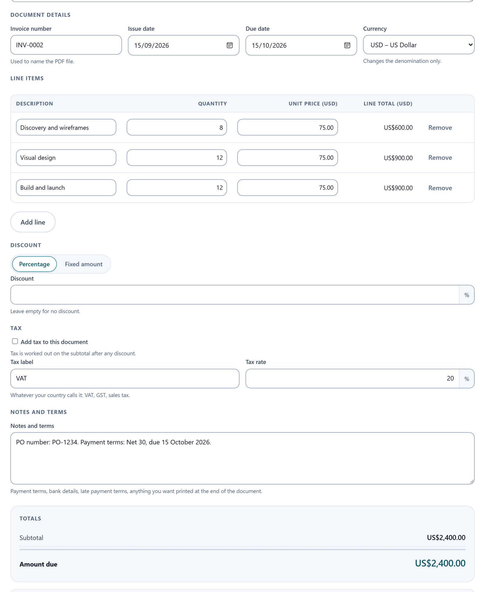 The invoice generator filled in with fictional details: invoice INV-0002 issued 15 September 2026 and due 15 October 2026, three itemised lines totalling US$2,400.00, and the PO number in the notes