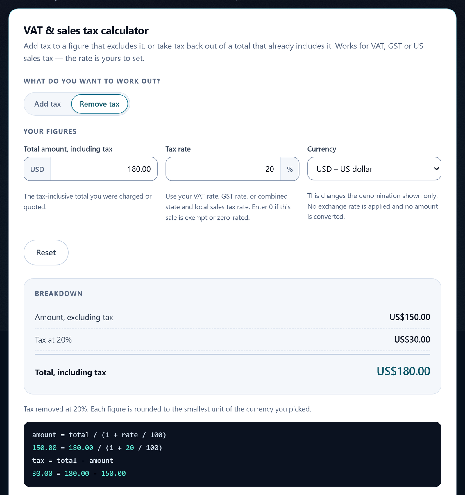 The VAT and sales tax calculator in Remove tax mode with a total of 180.00 at a 20% rate, showing 150.00 excluding tax and 30.00 tax.